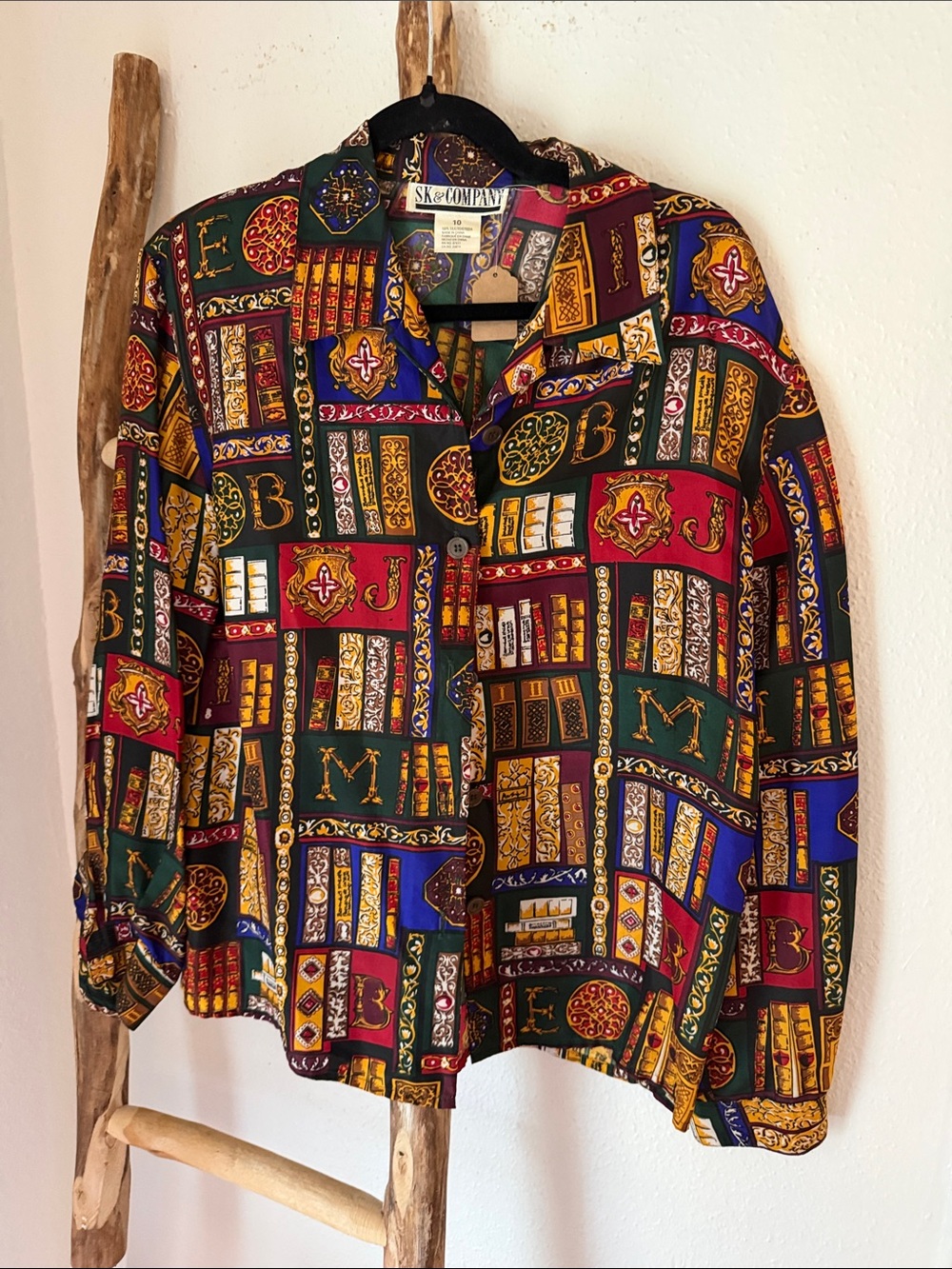 Vintage Silk Book Library Dark Academia Printed Button-Up Blouse Large Size 10